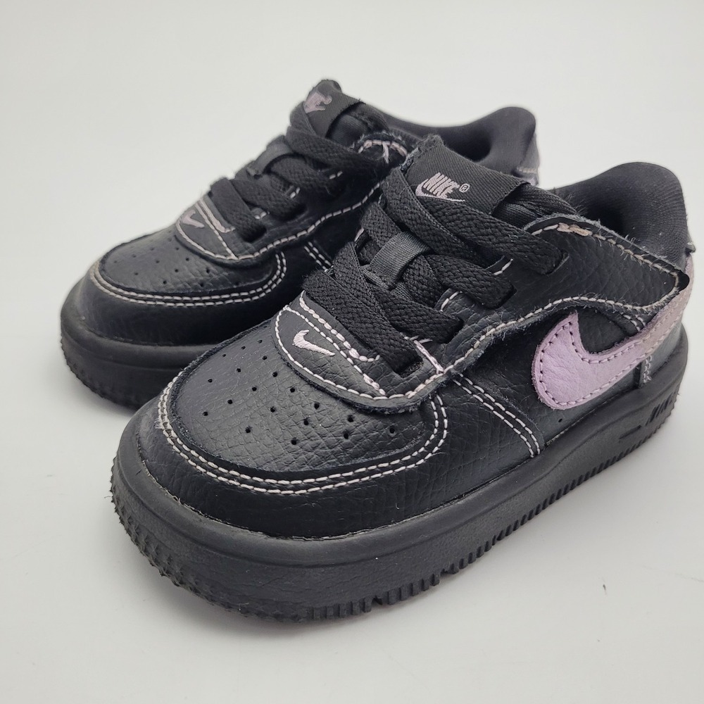 Nike Air Force 1 Baby 6C Black Purple Leather Hook & Loop Low Top HJ6764-001 - Picture 1 of 14